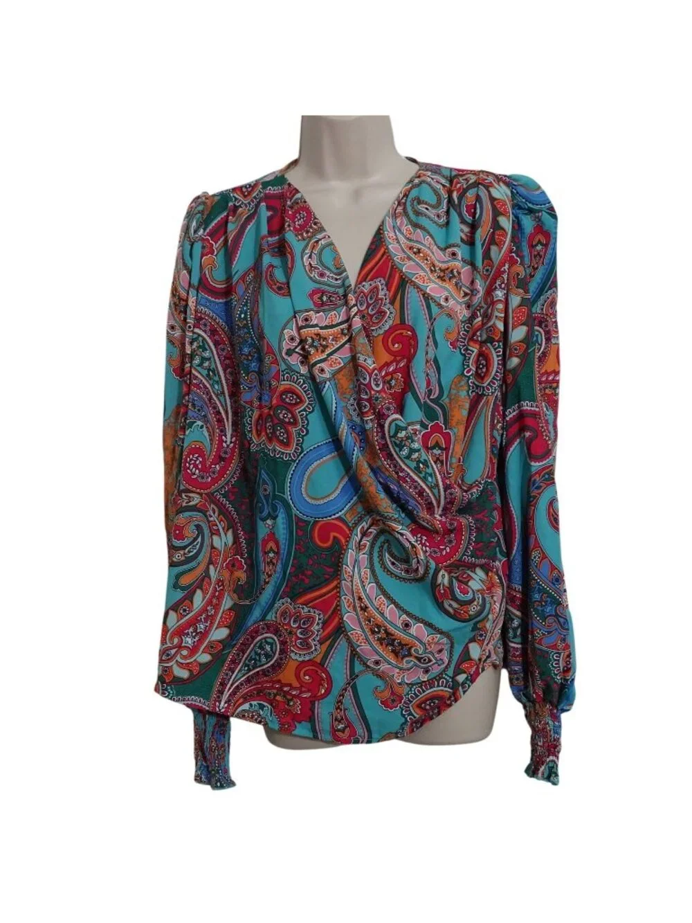 Shein Paisley Long Sleeve Faux Wrap Blouse Women Size M 6 Multicolor Blue Green - Picture 1 of 12